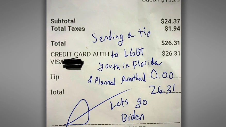 Customer receipt states sending a tip to LGBT youth in Florida & Planned Parenthood and zero dollar tip
